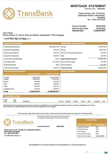 Download Mongolia Trans Bank mortgage statement Word and PDF template Photoshop template